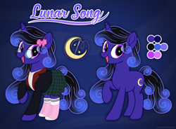 Size: 3174x2332 | Tagged: safe, artist:lovinglypromise, derpibooru import, oc, oc:lunar song, pony, unicorn, clothes, female, horn, jacket, mare, reference sheet, shoes, skirt, solo