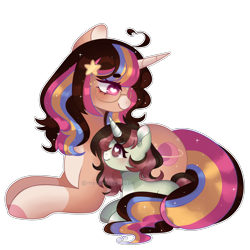 Size: 2000x2000 | Tagged: safe, artist:moon-rose-rosie, derpibooru import, oc, oc only, oc:melanie (moon-rose-rosie), oc:natalia, pony, unicorn, duo, female, filly, foal, heart, heart eyes, horn, lying down, mare, prone, simple background, transparent background, wingding eyes