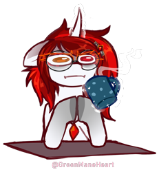 Size: 1200x1300 | Tagged: safe, artist:greenmaneheart, derpibooru import, oc, oc:hallowed thorn, pony, unicorn, :i, coffee mug, horn, i mean i see, magic, mug, simple background, solo, transparent background