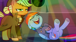 Size: 1916x1080 | Tagged: safe, artist:uspen, derpibooru import, applejack, rainbow dash, earth pony, pegasus, pony, fallout equestria, clothes, coat, complex background, dissatisfied, ears back, eyes closed, folded wings, freckles, frown, hair bun, hat, indoors, laughing, party, raised hoof, raised leg, rubber band, sweater, uniform, wings