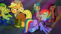 Size: 1916x1080 | Tagged: safe, artist:uspen, derpibooru import, applejack, rainbow dash, oc, oc:bronydanceparty, oc:sayonara maxwell, oc:the living tombstone, oc:toasted bread, earth pony, pegasus, pony, fallout equestria, bewilderment, chair, clothes, coat, crying, dissatisfied, female, hat, headphones, laughing, male, mare, party, raised hoof, raised leg, ride, rider, rubber band, sofa, spread wings, stallion, sweater, tears of laughter, teeth, uniform, wings