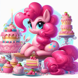 Size: 1024x1024 | Tagged: safe, ai content, derpibooru import, machine learning generated, pinkie pie, earth pony, pony, g4, cake, cupcake, cute, diapinkes, food, prompter:bluey2309, simple background, solo, white background