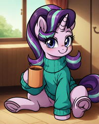 Size: 2024x2536 | Tagged: safe, ai content, derpibooru import, machine learning generated, starlight glimmer, pony, unicorn, g4, blush lines, blushing, clothes, cute, drink, eye clipping through hair, eyebrows, eyebrows visible through hair, female, frog (hoof), generator:autismmix confetti, glimmerbetes, glimmersass, happy, hoof hold, horn, indoors, looking at you, mare, mug, on floor, prompter:bendy and boney, sitting, sitting on floor, smiling, smiling at you, solo, sweater, turtleneck, turtleneck sweater, underhoof