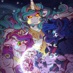 Size: 1000x1000 | Tagged: safe, artist:binibean, derpibooru import, princess cadance, princess celestia, princess luna, twilight sparkle, twilight sparkle (alicorn), unicorn twilight, alicorn, pegasus, pony, unicorn, g4, alicorn tetrarchy, cracking skin, ears back, eye mist, female, implied daybreaker, implied midnight sparkle, implied nightmare moon, mare, pegasus cadance, pegasus luna, pink mane, race swap, s1 luna, unicorn celestia