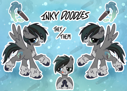 Size: 2000x1430 | Tagged: safe, artist:doodlesinky, derpibooru import, oc, oc only, oc:inky doodles, pegasus, abstract background, blaze (coat marking), chest fluff, coat markings, ear fluff, ear piercing, ears, facial markings, fluffy, lip piercing, messy mane, nose piercing, nose ring, pegasus oc, piercing, pronouns, reference sheet, unshorn fetlocks