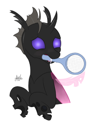 Size: 798x1078 | Tagged: safe, artist:bjsampson, derpibooru import, oc, oc only, oc:ace shot, oc:asilious, changeling, blushing, changeling oc, female, nervous, purple changeling, simple background, solo, tennis racket, transparent background