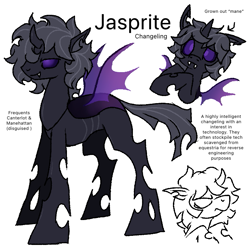 Size: 743x739 | Tagged: safe, artist:muffinz, derpibooru import, oc, oc:jasperite, changeling, ambiguous gender, changeling oc, photo, purple changeling, reference sheet