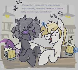 Size: 1058x954 | Tagged: safe, artist:muffinz, derpibooru import, oc, oc only, oc:fretchen farrier, oc:jasperite, changeling, pony, unicorn, ambiguous gender, bar, cider, horn, male, purple changeling, singing, stallion