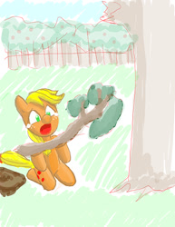 Size: 510x660 | Tagged: safe, artist:anonymous, derpibooru import, applejack, pony, semi-anthro, g4, agony, apple orchard, broken, colored, drawthread, female, mare, orchard, outdoors, pun in description, requested art, screaming, solo, teary eyes, tree branch