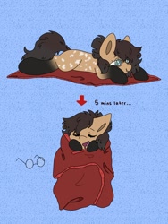 Size: 1536x2048 | Tagged: safe, artist:starbite444, derpibooru import, oc, oc only, oc:nixie tube, bat pony, earth pony, hybrid, 2 panel comic, blanket, blanket burrito, coat markings, comic, dappled, fangs, female, glasses, lying down, sleeping, socks (coat marking), solo, wingless, wingless bat pony