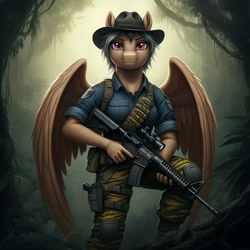 Size: 1024x1024 | Tagged: safe, ai content, derpibooru import, machine learning generated, daring do, anthro, pegasus, series:g.i. pony: a real equestrian hero, g4, assault rifle, bandolier, clothes, cosplay, costume, fatigues, female, forest, g.i. joe, generator:google imagen 3.0, gun, hat, jungle, military uniform, nature, prompter:zerowinger, recondo, rifle, solo, tiger force, tree, uniform, weapon