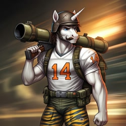 Size: 1024x1024 | Tagged: safe, ai content, derpibooru import, machine learning generated, hondo flanks, anthro, unicorn, series:g.i. pony: a real equestrian hero, g4, backpack, bazooka (gi joe), clothes, cosplay, costume, fatigues, football jersey, g.i. joe, generator:google imagen 3.0, gradient background, helmet, horn, male, prompter:zerowinger, rocket launcher, solo, tiger force, weapon