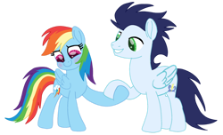 Size: 1280x776 | Tagged: safe, artist:soarindasher10, derpibooru import, rainbow dash, soarin', pegasus, pony, g4, blushing, female, holding hooves, male, mare, movie accurate, shipping, simple background, smiling, soarindash, stallion, straight, transparent background