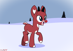 Size: 1868x1315 | Tagged: safe, artist:stephen-fisher, derpibooru import, deer, reindeer, g4, male, ponified, rankin/bass, rudolph nose, rudolph the red nosed reindeer, rule 85, snow, solo