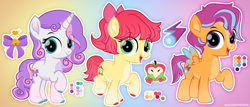 Size: 4657x2000 | Tagged: safe, artist:lovinglypromise, derpibooru import, apple bloom, scootaloo, sweetie belle, pony, alternate design, cutie mark crusaders