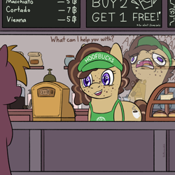 Size: 1920x1920 | Tagged: safe, artist:_butterscotch, derpibooru import, oc, oc only, oc:cappuccino, earth pony, pony, barista, cafe, cash register, chalkboard, coffee, cover art, dialogue, female, freckles, starbucks