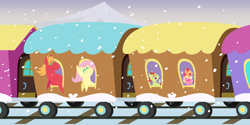 Size: 4320x2160 | Tagged: safe, anonymous artist, derpibooru import, big macintosh, fluttershy, oc, oc:apple sorbet, oc:late riser, oc:pink lemonade, earth pony, pegasus, pony, series:fm holidays, series:hearth's warming advent calendar 2024, g4, advent calendar, alternate hairstyle, baby, baby pony, brothers, christmas, colt, eyes closed, family, female, fluttermac, foal, friendship express, high res, holiday, lineless, locomotive, male, mare, offspring, open mouth, open smile, parent:big macintosh, parent:fluttershy, parents:fluttermac, pointy ponies, shipping, short mane, siblings, smiling, snow, snowfall, stallion, steam locomotive, straight, toddler, train, windswept mane, woohoo