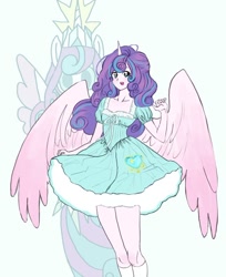 Size: 768x939 | Tagged: safe, artist:raritmiu, derpibooru import, princess flurry heart, alicorn, human, pony, alicorn humanization, clothes, cute, dress, eared humanization, female, flurrybetes, horn, horned humanization, humanized, mare, older, older flurry heart, open mouth, socks, solo, winged humanization, wings