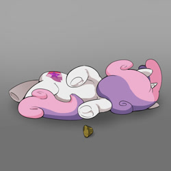 Size: 1500x1500 | Tagged: safe, artist:talim_stuff, derpibooru import, sweetie belle, pony, unicorn, g4, cork, family guy death pose, female, filly, foal, frog (hoof), gradient background, hoofbutt, horn, lying down, on side, solo, underhoof