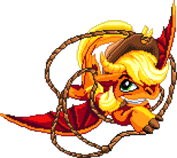 Size: 1078x966 | Tagged: safe, artist:dragonm97, derpibooru import, applejack, dragon, g4, digital art, dragoness, dragonified, female, manepxls, mouth hold, pixel art, pxls.space, rope, simple background, solo, species swap, spread wings, transparent background, wings