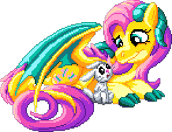 Size: 1036x791 | Tagged: safe, artist:dragonm97, derpibooru import, angel bunny, fluttershy, dragon, rabbit, g4, animal, digital art, dragoness, dragonified, female, lying down, male, manepxls, open mouth, partially open wings, pixel art, pxls.space, simple background, smiling, species swap, transparent background, wings