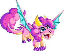 Size: 1044x834 | Tagged: safe, artist:dragonm97, derpibooru import, pinkie pie, dragon, g4, digital art, dragoness, dragonified, female, manepxls, open mouth, pixel art, pxls.space, simple background, solo, species swap, spread wings, transparent background, wings