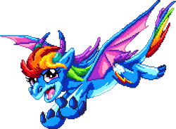 Size: 1074x792 | Tagged: safe, artist:dragonm97, derpibooru import, rainbow dash, dragon, g4, digital art, dragoness, dragonified, female, manepxls, open mouth, pixel art, pxls.space, simple background, solo, species swap, spread wings, transparent background, wings