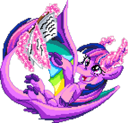 Size: 1001x959 | Tagged: safe, artist:dragonm97, derpibooru import, twilight sparkle, dragon, g4, book, digital art, dragoness, dragonified, female, magic, manepxls, open mouth, partially open wings, pixel art, pxls.space, reading, simple background, solo, species swap, telekinesis, transparent background, wings