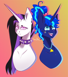 Size: 3018x3390 | Tagged: safe, artist:emotional-kindness, derpibooru import, princess celestia, princess luna, alicorn, pony, between dark and dawn, g4, 80s princess luna, bust, duo, female, gradient background, mare, my little pony: friendship is magic, portrait, punklestia, royal sisters, siblings, signature, sisters, speedpaint available