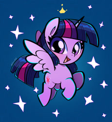 Size: 1250x1361 | Tagged: safe, artist:talim_stuff, derpibooru import, twilight sparkle, twilight sparkle (alicorn), alicorn, pony, g4, cute, female, flying, looking at you, mare, open mouth, open smile, smiling, smiling at you, solo, spread wings, starry background, stars, twiabetes, wings