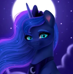 Size: 1541x1565 | Tagged: safe, artist:glitterheart15, derpibooru import, princess luna, alicorn, pony, bust, female, full moon, mare, moon, night, outdoors, portrait, smiling, solo, stars, windswept mane