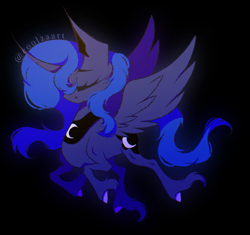 Size: 1083x1020 | Tagged: safe, artist:coolzaart, derpibooru import, princess luna, alicorn, pony, black background, curved horn, eyes closed, female, glowing, horn, mare, signature, simple background, solo, unshorn fetlocks