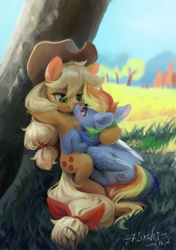 Size: 4169x5906 | Tagged: safe, artist:flvski, derpibooru import, applejack, rainbow dash, earth pony, pegasus, pony, g4, absurd resolution, appledash, applejack's hat, armpits, blushing, boop, bow, butt, chest fluff, clothes, cowboy hat, cuddling, cute, daaaaaaaaaaaw, dashabetes, duo, duo female, eye contact, female, folded wings, freckles, grass, hat, hooves behind head, jackabetes, lesbian, looking at each other, looking at someone, mare, nose wrinkle, noseboop, outdoors, plot, shipping, sitting, tail, tail bow, tree, wings