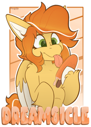 Size: 2160x3013 | Tagged: safe, artist:spoopy-abby, derpibooru import, oc, oc only, oc:dreamsicle, pegasus, pony, badge, bipedal, colored wings, con badge, food, ice cream, licking, ribcage, solo, tongue, tongue out, two toned wings, unshorn fetlocks, wings