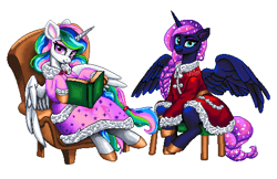 Size: 475x308 | Tagged: safe, artist:epicvon, derpibooru import, princess celestia, princess luna, alicorn, g4, book, braid, braided tail, chair, christmas, clothes, coat, holiday, horn, my little pony: friendship is magic, reading, sleepware, tail, wings