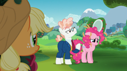 Size: 1024x575 | Tagged: safe, derpibooru import, screencap, applejack, pinkie pie, svengallop, earth pony, pony, g4, the mane attraction, abuse, arrogance, arrogant, blazer, clothes, conceit, conceited, my little pony: friendship is magic, necktie, outdoors, pinkiebuse, sad, shirt, sin of pride, sin of vanity, waistcoat, you monster