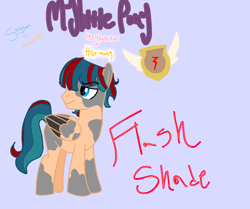 Size: 3878x3243 | Tagged: safe, anonymous artist, derpibooru import, flash magnus, meadowbrook, mistmane, rockhoof, somnambula, star swirl the bearded, oc, oc:flashshade, pegasus, black wings, blue eyes, blue mane, bobcut, cutie mark, grey spots, long tail, mentioned, my little pony: the protectors of harmony, pale coat, pillars of equestria, red bolt, red stripes, shield, short hair, spotted, tail, wings