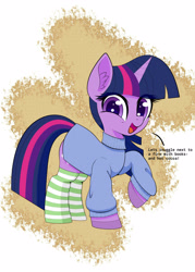 Size: 2500x3500 | Tagged: safe, artist:scandianon, derpibooru import, twilight sparkle, unicorn twilight, pony, unicorn, clothes, cuddle request, female, horn, looking at you, mare, open mouth, open smile, raised hoof, raised leg, smiling, socks, solo, striped socks, sweater, talking to viewer