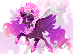 Size: 4144x3064 | Tagged: safe, artist:anno酱w, derpibooru import, oc, oc only, alicorn, pony, adoptable, adopted offspring, base used, braid, colored eyelashes, colored horn, colored pupils, colored sclera, colored wings, crown, crystal, curved horn, dark magic, dark sclera, ethereal hair, ethereal mane, ethereal tail, eyeshadow, female, flying, gradient horn, gradient legs, gradient mane, gradient tail, gradient wings, hair bun, hoof shoes, horn, jewelry, magenta eyeshadow, magenta pupils, magic, makeup, mare, obtrusive watermark, offspring, parent:king sombra, parent:princess cadance, parents:somdance, peytral, purple sclera, regalia, running, solo, sombra eyes, sparkles, sparkly mane, sparkly tail, spread wings, tail, unnamed oc, watermark, white eyelashes, wings, zoom layer