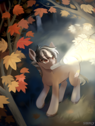 Size: 3000x4000 | Tagged: safe, artist:sibirly, derpibooru import, oc, oc only, earth pony, insect, pony, autumn, commission, female, flashlight (object), forest, high res, male, mouth hold, nature, night, outdoors, solo, stallion, tree