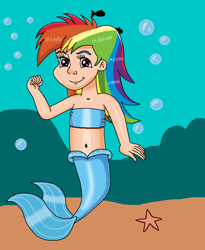 Size: 770x937 | Tagged: safe, artist:ocean lover, derpibooru import, rainbow dash, fish, human, mermaid, 20% cooler, arrogant, bandeau, bare midriff, bare shoulders, belly, belly button, bubble, child, cocky, confident, cute, dashabetes, fins, fish tail, flexing, humanized, light skin, long hair, looking at you, loyalty, magenta eyes, mermaid tail, mermaidized, midriff, ms paint, multicolored hair, ocean, rainbow hair, rock, smiling, smiling at you, smirk, species swap, starfish, swimming, tail, tail fin, underwater, water, younger