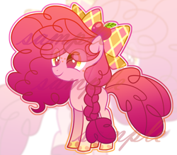 Size: 4380x3840 | Tagged: safe, artist:anno酱w, derpibooru import, oc, oc only, earth pony, pony, adoptable, apple, base used, big hair, bow, bowtie, braid, colored hooves, colored pupils, eye clipping through hair, female, filly, foal, food, freckles, golden eyes, gradient legs, gradient mane, gradient tail, hair bow, hooves, magenta pupils, magical lesbian spawn, multicolored hooves, offspring, outline, parent:apple bloom, parent:pinkie pie, parents:pinkiebloom, pigtails, smiling, solo, standing, tail, teenager, unnamed oc, watermark, zoom layer