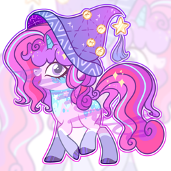 Size: 2232x2232 | Tagged: safe, artist:anno酱w, derpibooru import, oc, oc only, pony, unicorn, adoptable, adopted offspring, base used, bells, hat, horn, offspring, outline, parent:pinkie pie, parent:star swirl the bearded, smiling, solo, stars, walking, watermark, witch hat, zoom layer