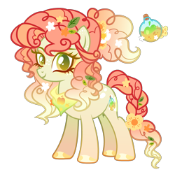 Size: 2529x2490 | Tagged: safe, artist:anno酱w, derpibooru import, oc, oc only, earth pony, pony, adoptable, apple, base used, body freckles, cutie mark, eyelashes, eyeshadow, flower, flower in hair, food, freckles, leaves, leaves in hair, magical lesbian spawn, makeup, neckerchief, offspring, parent:granny smith, parent:pear butter, pigtails, ponytail, reference sheet, simple background, smiling, solo, transparent background