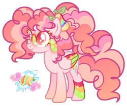 Size: 2658x2232 | Tagged: safe, artist:anno酱w, derpibooru import, oc, oc only, pegasus, pony, adoptable, base used, cutie mark, facial markings, food, magical lesbian spawn, offspring, parent:pear butter, parent:pinkie pie, parent:rainbow dash, pear, ponytail, rainbow, simple background, solo, transparent background, wings