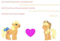 Size: 2030x1392 | Tagged: safe, derpibooru import, applejack, applejack (g1), earth pony, pony, g1, g4, appleapple, comic sans, cute, female, g1 jackabetes, heart, jackabetes, lesbian, mare, ship:appleapple, shipping, simple background, white background