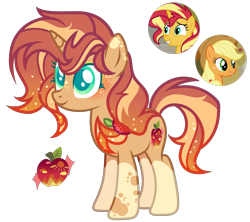 Size: 2415x2148 | Tagged: safe, artist:anno酱w, derpibooru import, oc, oc only, pony, unicorn, adoptable, apple, base used, body markings, cutie mark, food, freckles, hairband, horn, magical lesbian spawn, offspring, parent:applejack, parent:sunset shimmer, simple background, solo, transparent background