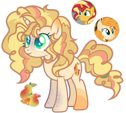 Size: 2400x2163 | Tagged: safe, artist:anno酱w, derpibooru import, oc, oc only, pony, unicorn, adoptable, base used, body freckles, body markings, colored eartips, colored eyelashes, colored pupils, cutie mark, female, food, freckles, hairband, horn, leg freckles, leg markings, magical lesbian spawn, mare, offspring, parent:pear butter, parent:sunset shimmer, pear, screencap reference, simple background, solo, tail, teal eyelashes, teal pupils, tied tail, transparent background, unnamed oc