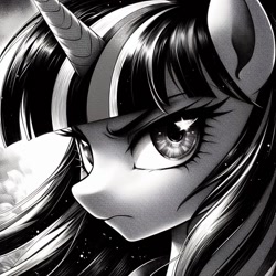 Size: 1024x1024 | Tagged: safe, ai content, derpibooru import, generator:bing image creator, machine learning generated, twilight sparkle, anonymous prompter, manga