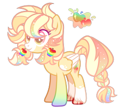 Size: 2421x2199 | Tagged: safe, artist:anno酱w, derpibooru import, oc, oc only, pegasus, pony, adoptable, apple, base used, body markings, cutie mark, ethereal mane, facial markings, food, hoof fluff, magical lesbian spawn, multicolored hair, offspring, parent:applejack, parent:rainbow dash, pigtails, rainbow hair, simple background, solo, starry hair, starry mane, transparent background, zap apple